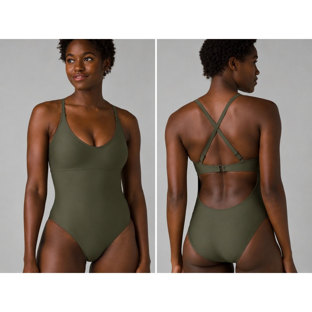 prAna Women Olive Green One Piece Swimsuit 38D Large Cross Back Cutout Sporty
